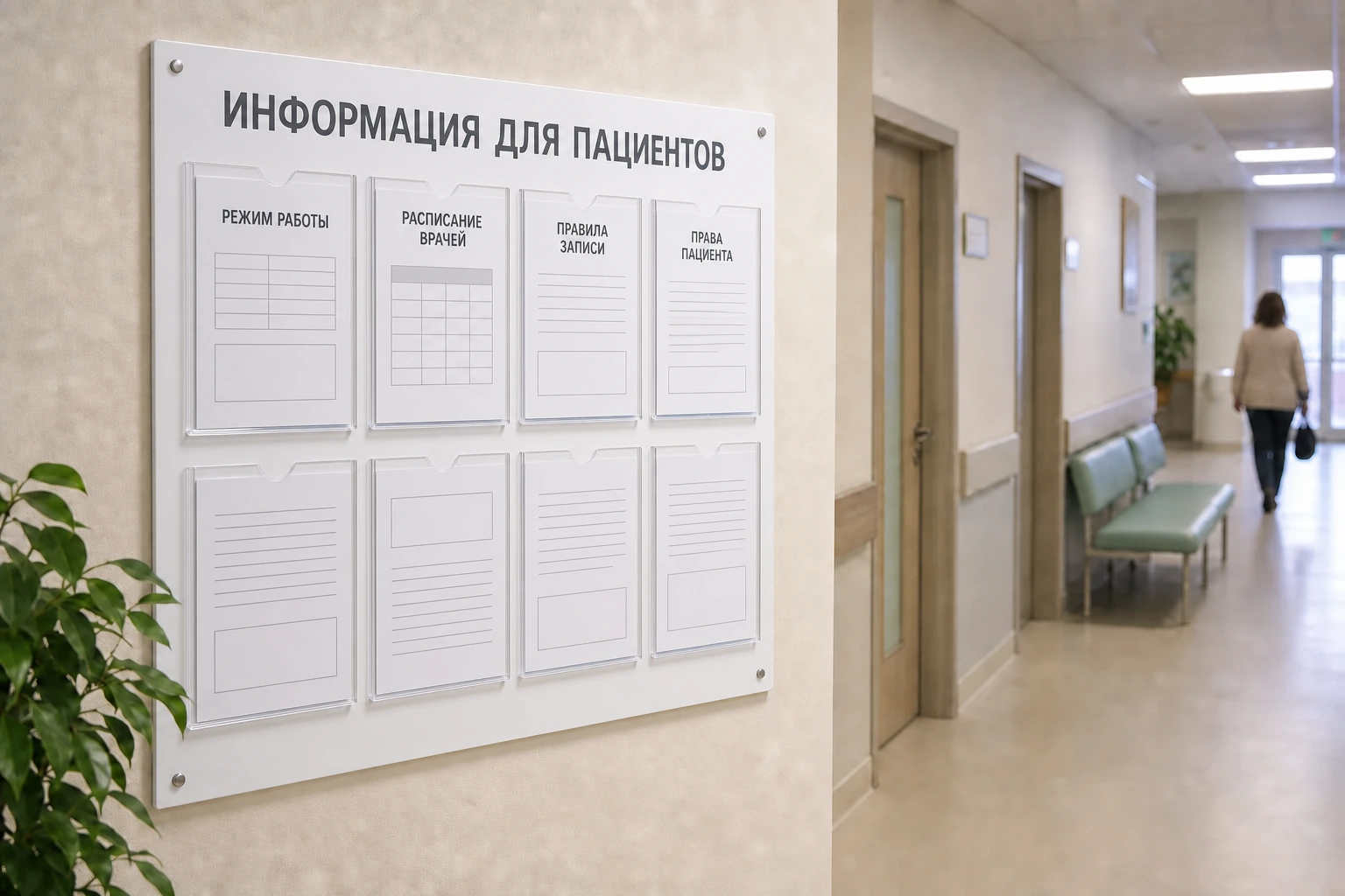 Стенд «Информация для пациентов» с расписанием и памятками в коридоре клиники; для заказа в Подольске