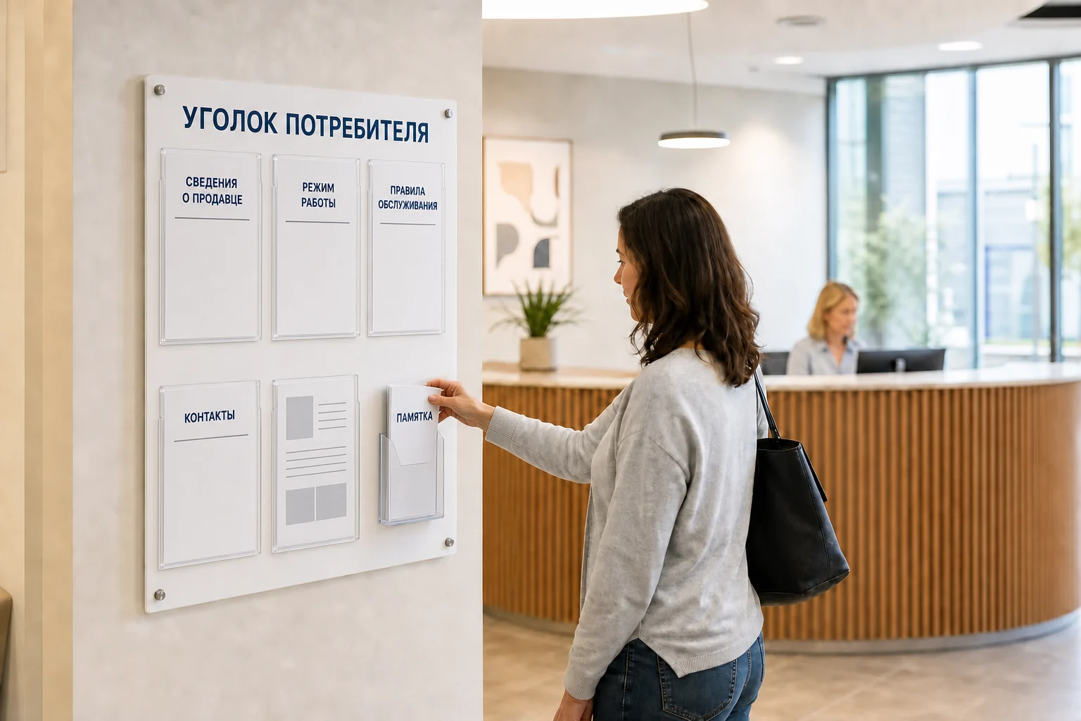 Информационные стенды — Покупатель берёт памятку из стенда «Уголок потребителя»; образец смежной услуги, кадр 1, ПЕЧАТЬ32, получение в Подольске, раздел «Таблички»