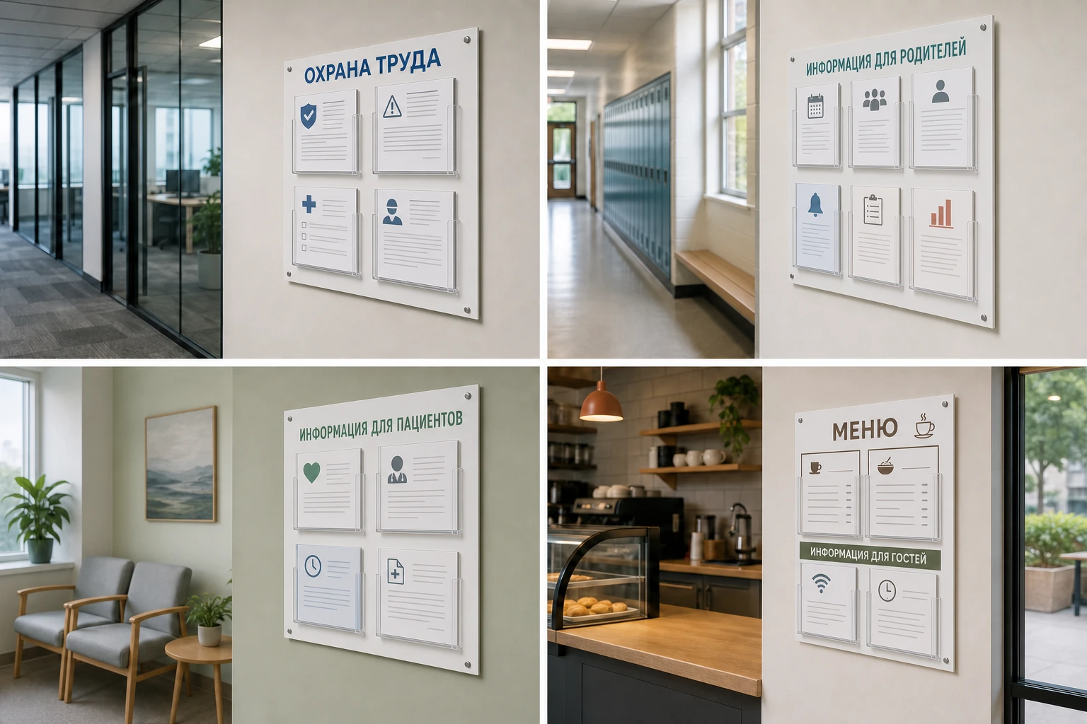 Стенды «Охрана труда», «Информация для родителей», «Информация для пациентов» и «Меню»; для заказа в Подольске