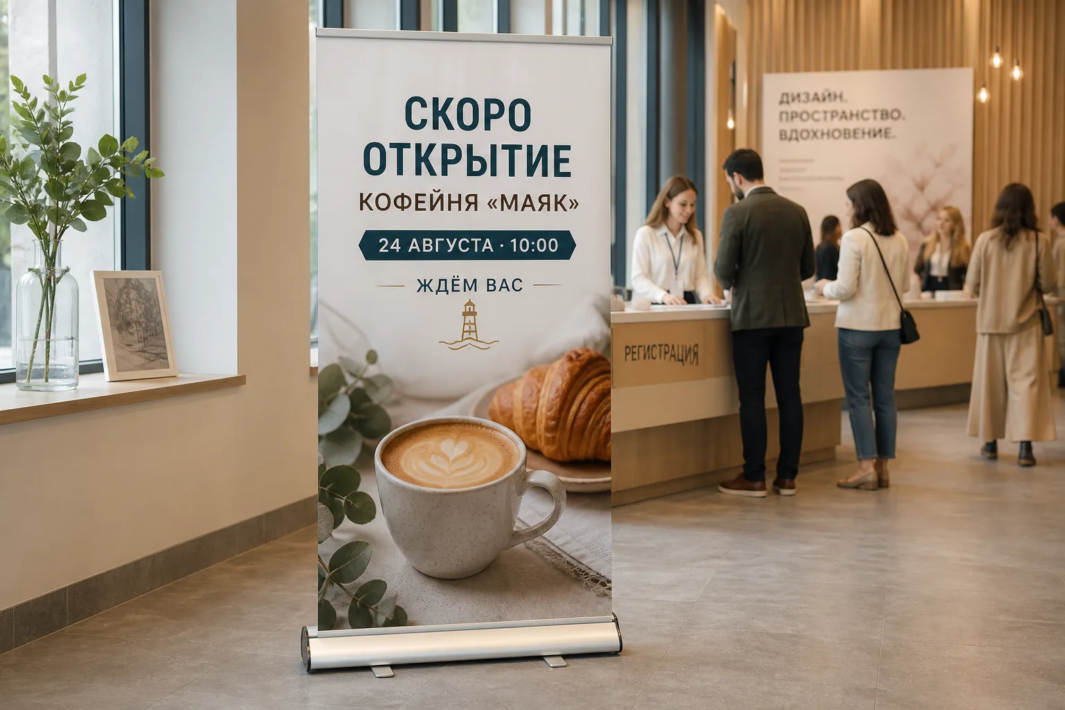 Roll-up с афишей мероприятия в зоне регистрации; для заказа в Подольске