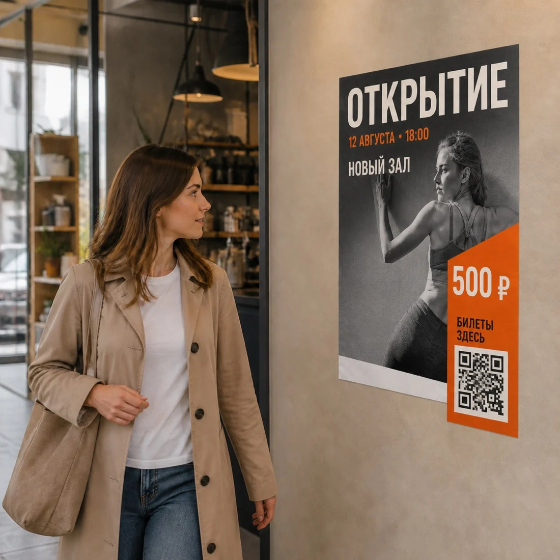 Прохожая замечает бумажный плакат с событием, датой, ценой и QR-кодом; для заказа в Подольске