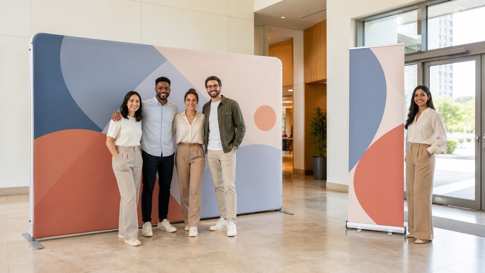 Сравнение широкой фотозоны Press Wall и компактного Roll-up у входа