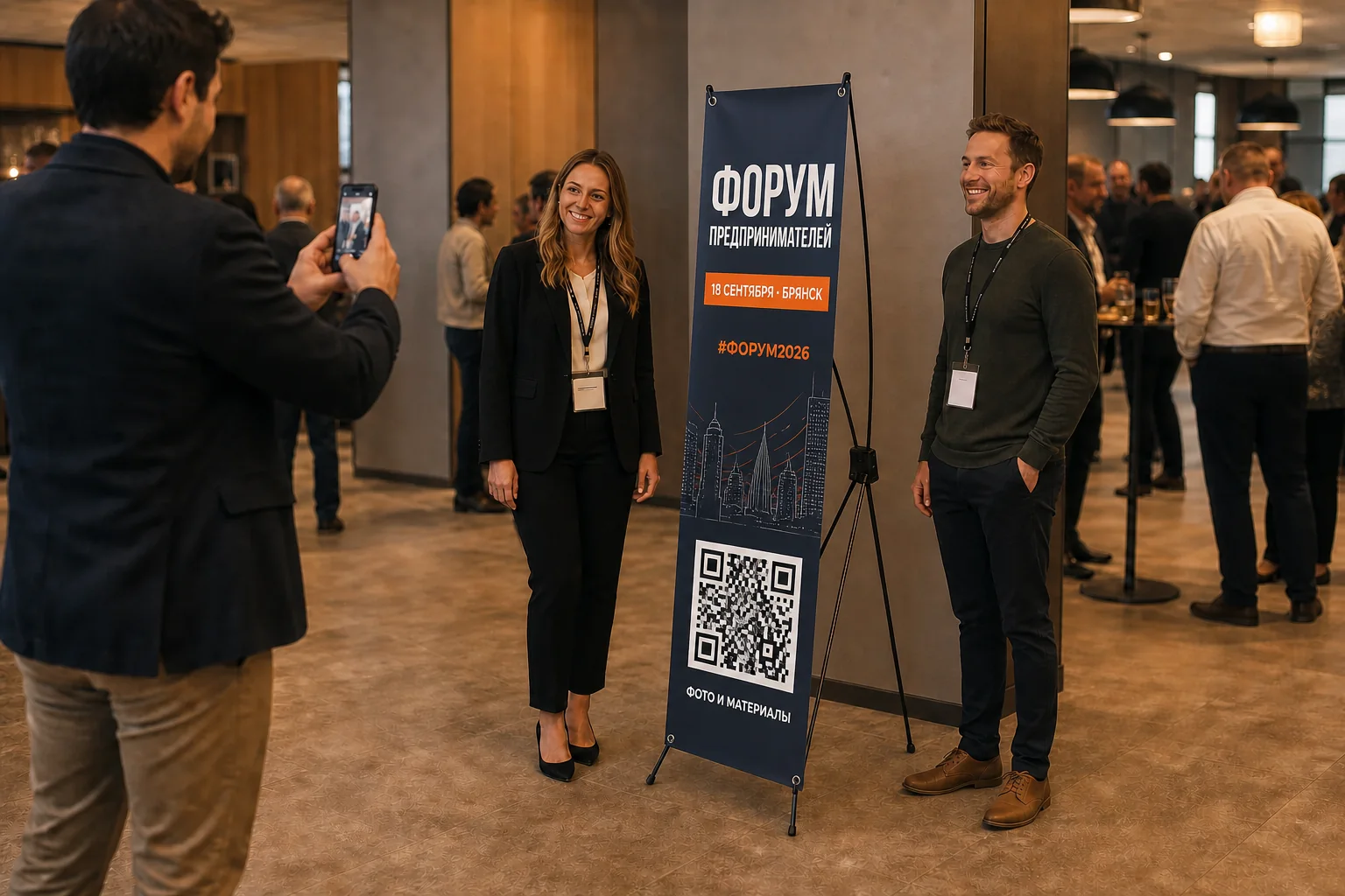 Участники фотографируются рядом со стендом паук с названием, датой и QR-кодом форума; для заказа в Подольске
