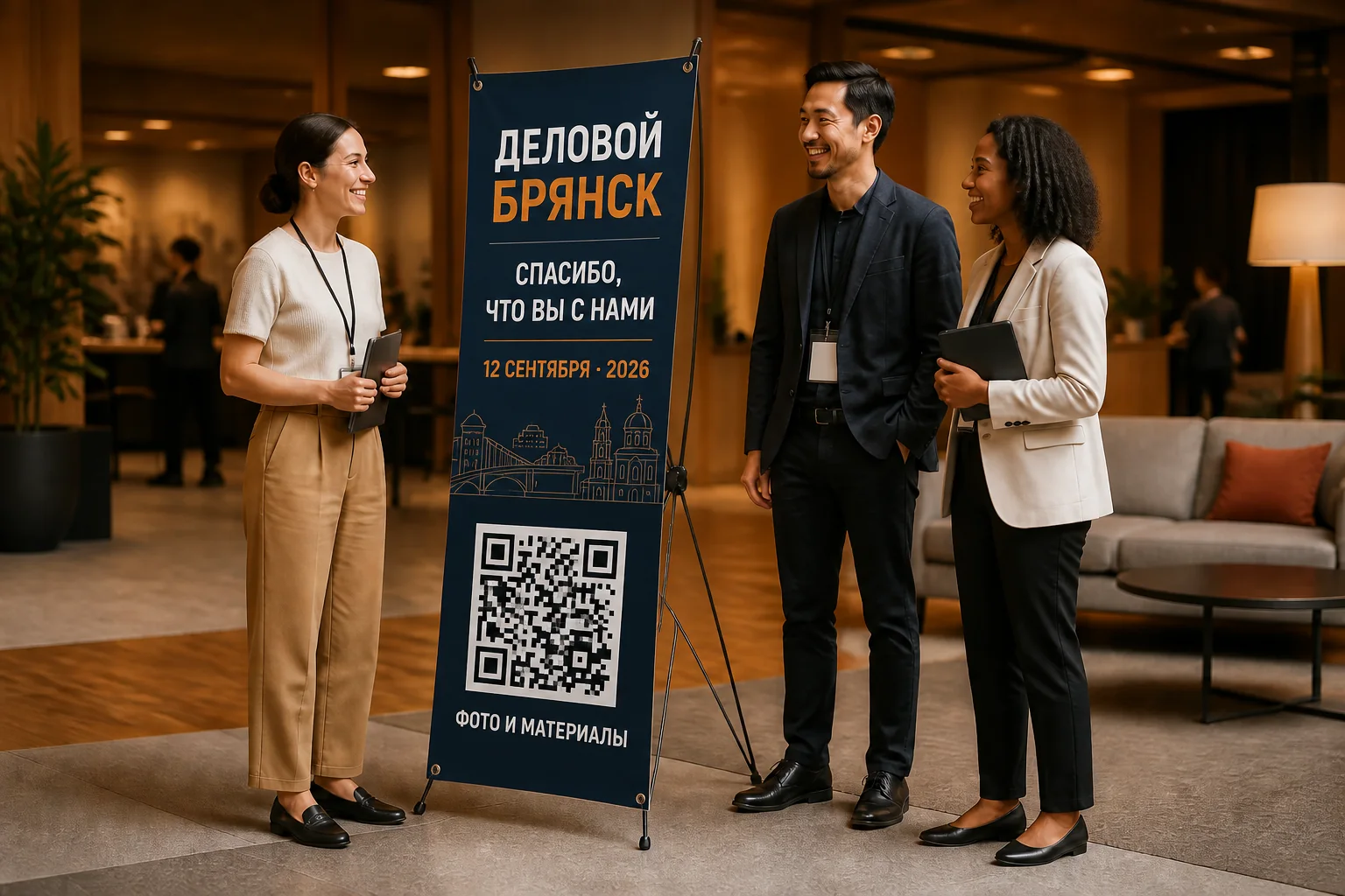 Гости делового мероприятия рядом со стендом паук с датой и QR-кодом для программы и материалов; для заказа в Подольске