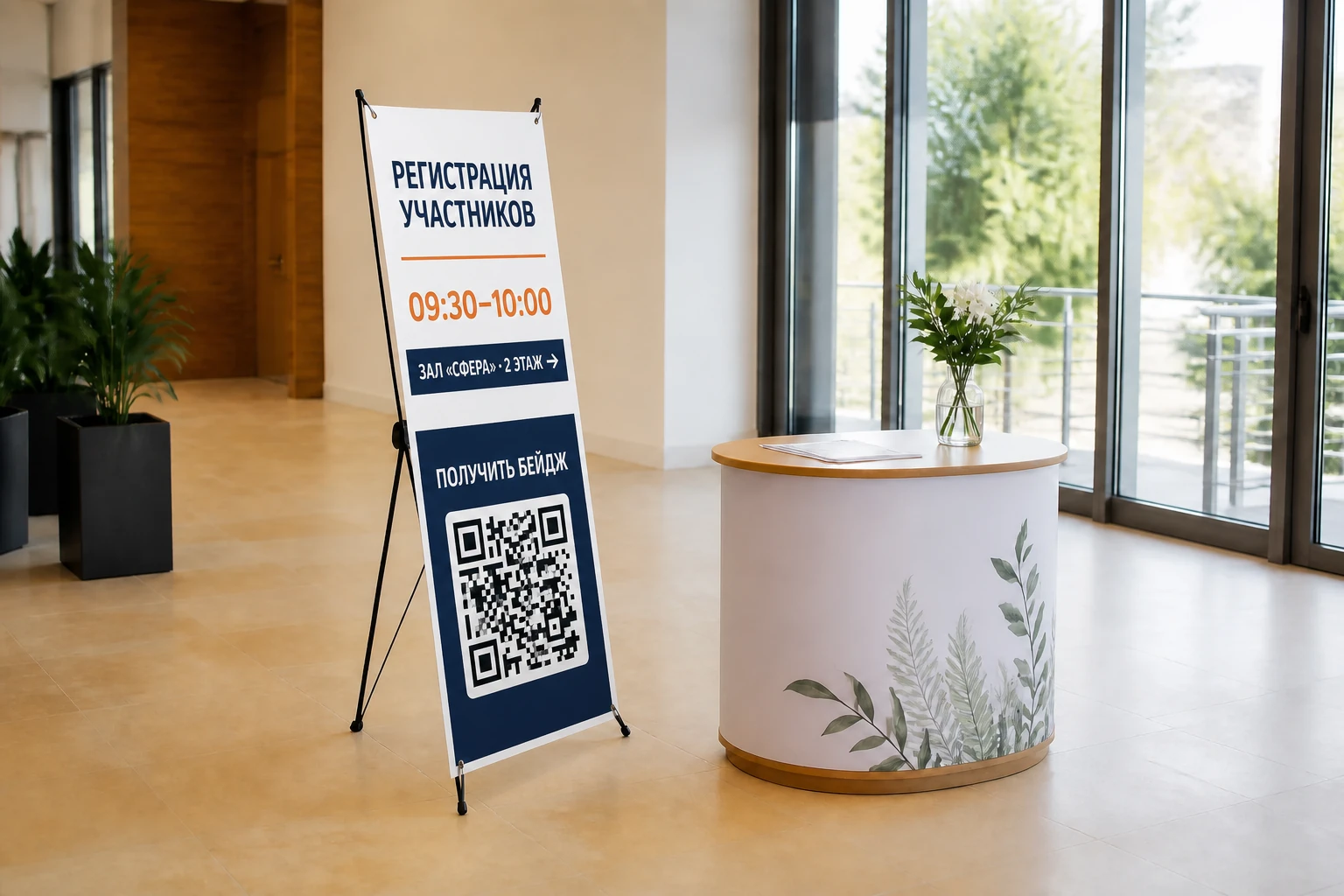 Фирменный стенд паук с программой и QR-кодом в зоне встречи участников; для заказа в Подольске