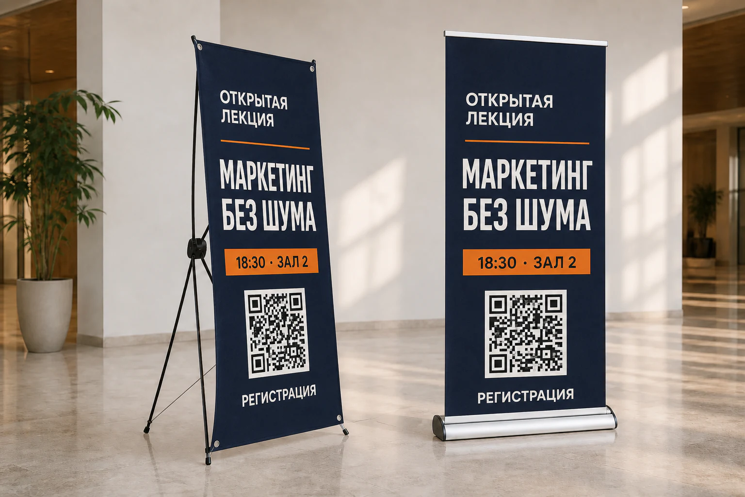 Стенд паук и Roll-up с одинаковым макетом делового мероприятия; для заказа в Подольске