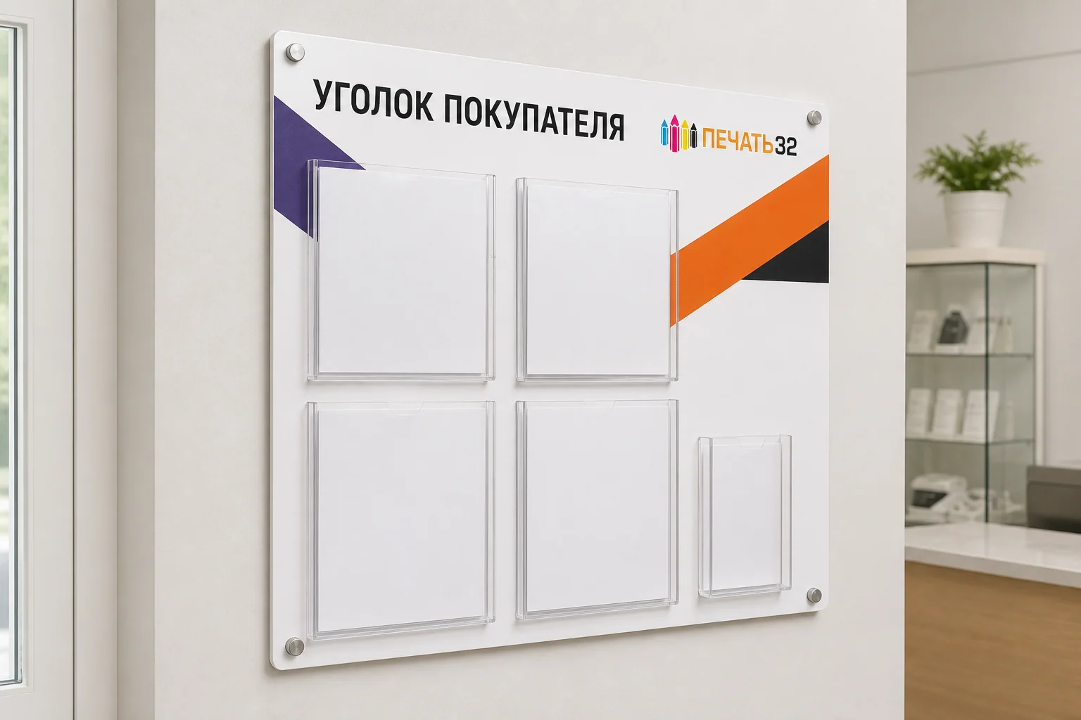 Уголок покупателя из ПВХ с прозрачными карманами; для заказа в Подольске