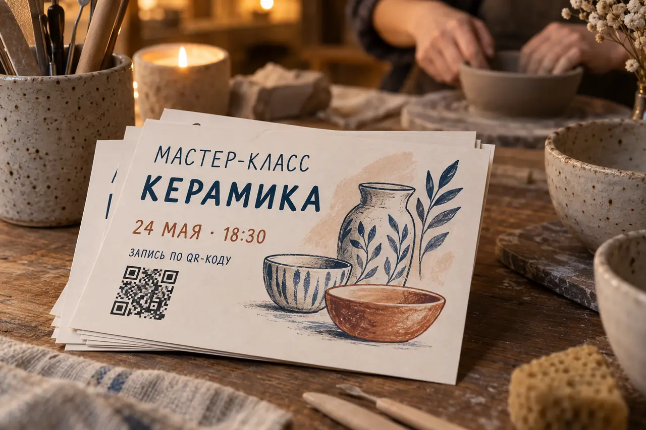 Напечатанные приглашения на мастер-класс по керамике с датой и QR-кодом