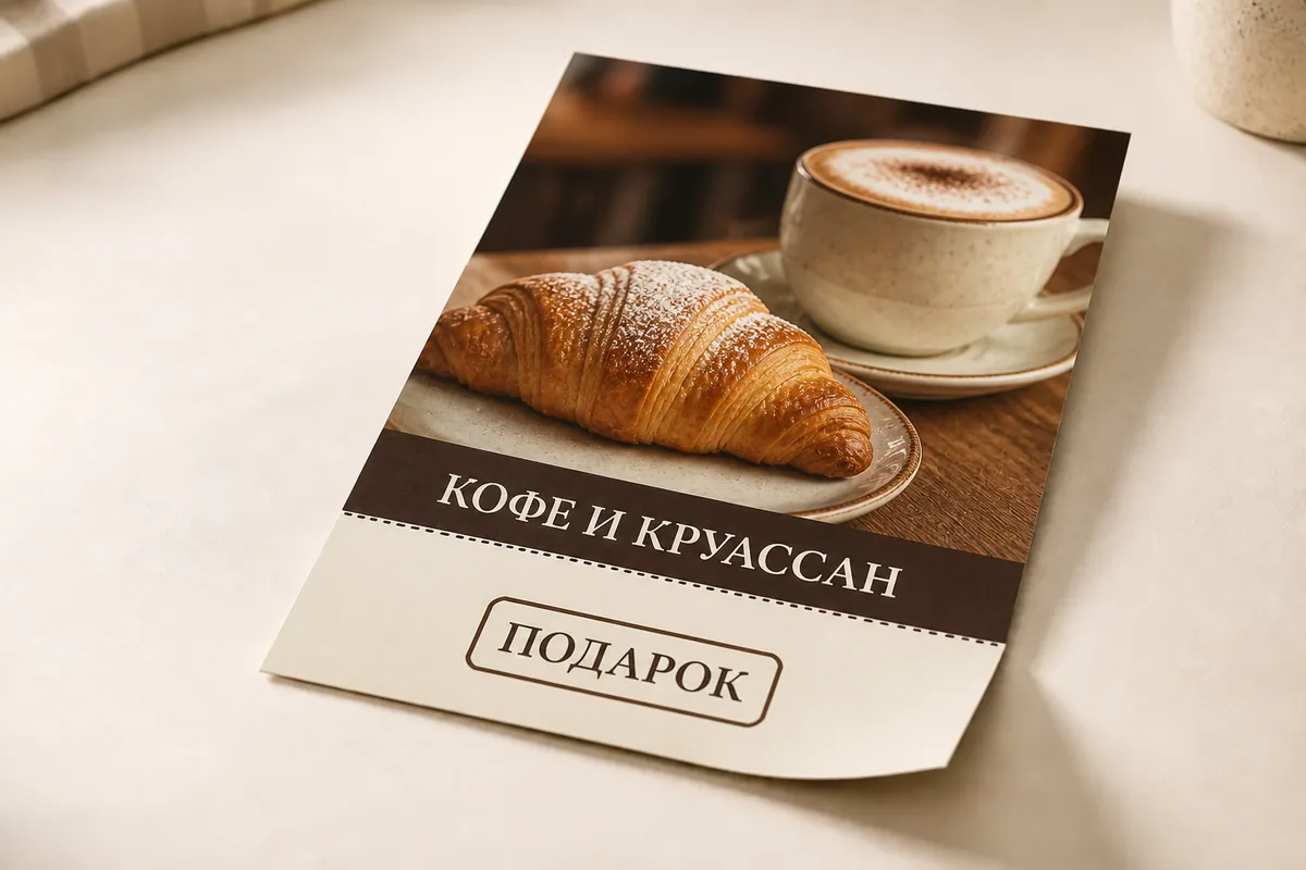 Листовка кафе формата A5 с профессиональной перфорацией и отрывным купоном; для заказа в Подольске