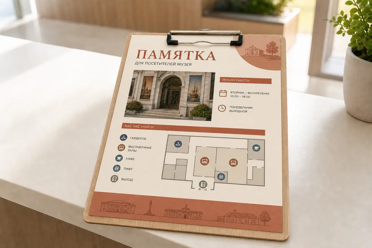 Памятка для посетителей музея формата A4 со схемой и режимом работы; для заказа в Подольске