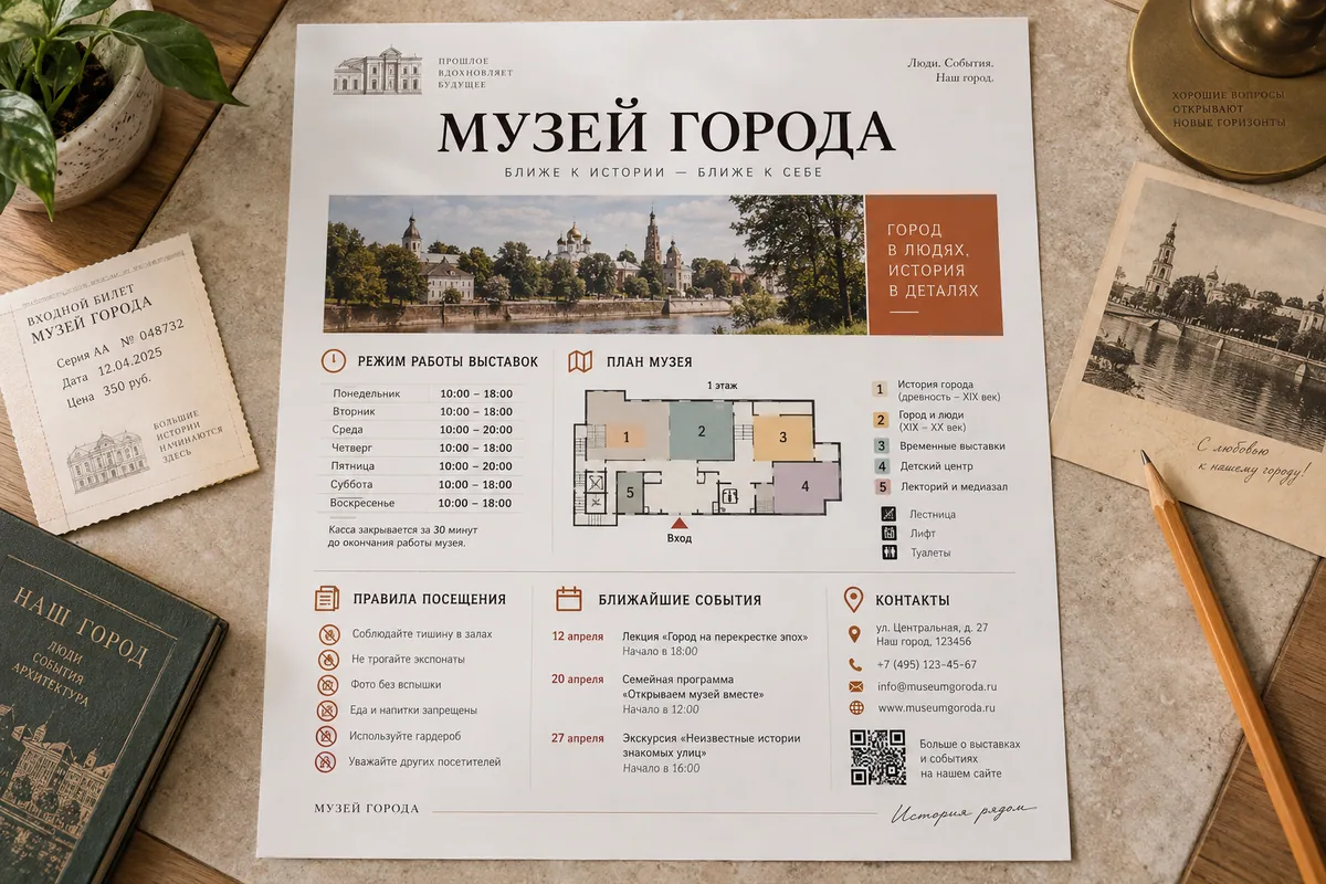 Информационная листовка A4 с программой и схемой музея