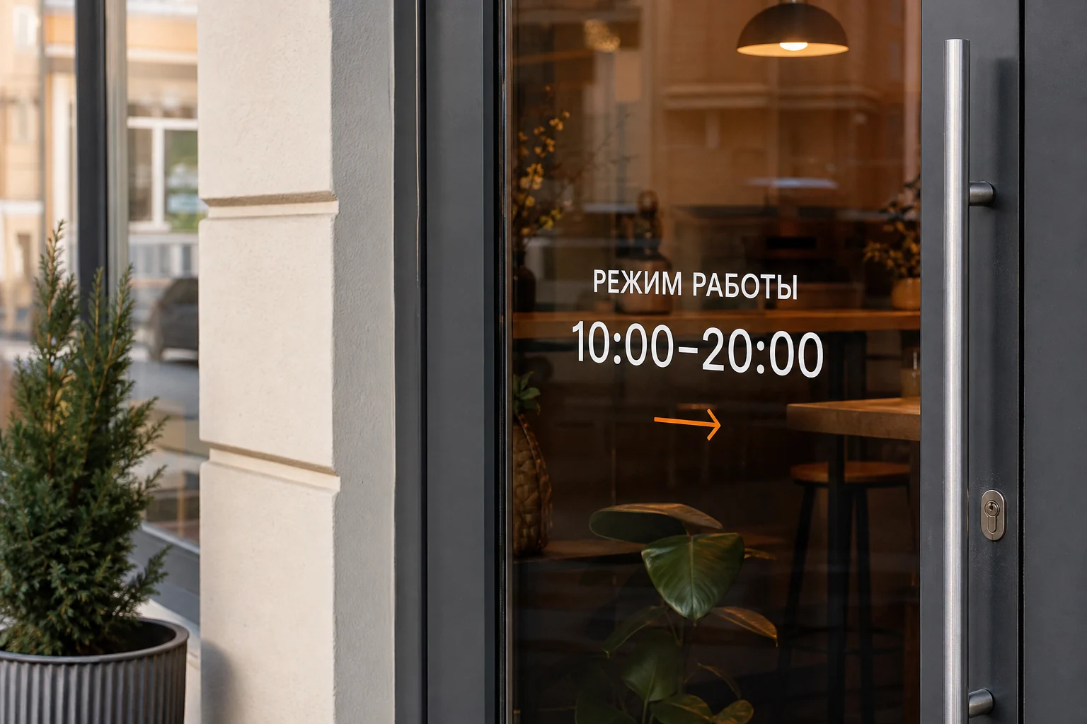 Плоттерная резка — Режим работы и стрелка из вырезанной самоклеящейся плёнки на; фотография в каталоге услуг, кадр 4, ПЕЧАТЬ32, получение в Подольске, раздел «Послепечатная обработка»