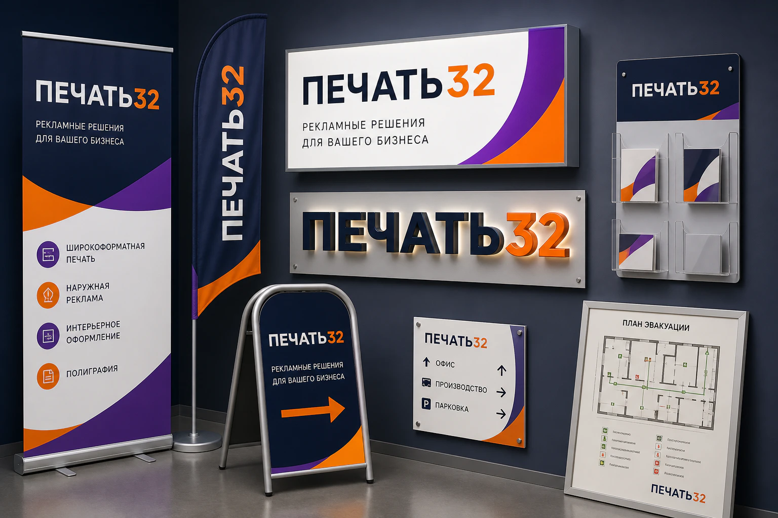 ПЕЧАТЬ32 — Планы эвакуации; Печатный план эвакуации со схемой помещений и обозначениями, образец смежной услуги, кадр 2, получение в Подольске, «Таблички»